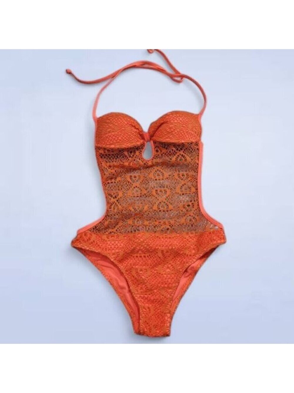 Anemone Bright Orange Crochet Lace One Piece Bathing Suit - Size‎ Small